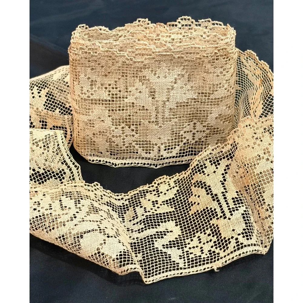 Antique Filet Lace Edging Scalloped Floral Trim Ecru Cotton 2 Yards 3.5 Wide